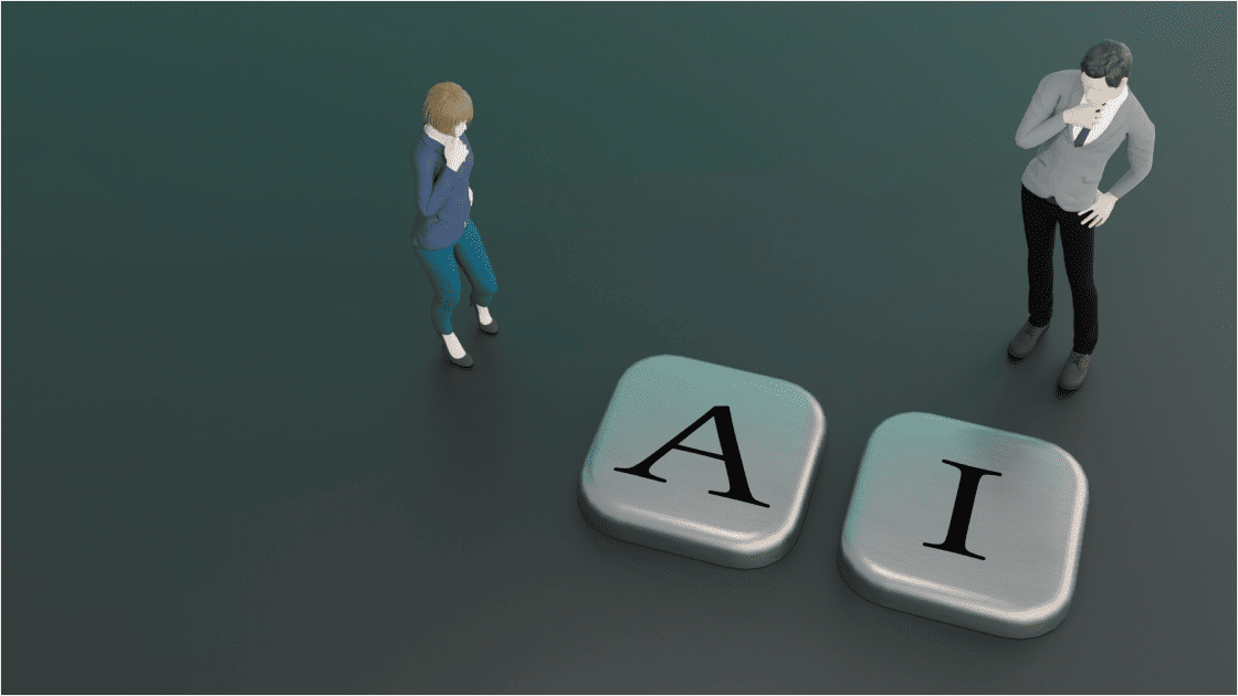「A」「I」と書かれた金属プレートを前にして考え込む人形2体のイメージ