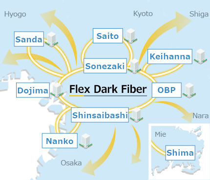 Map showing major dark fiber connection points and network routes across the Kansai region, including Sonezaki, Shinsaibashi, and Dojima.