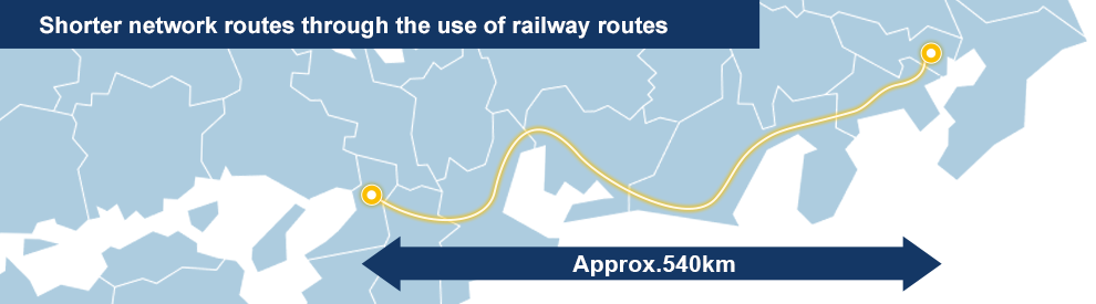Schematic map showing an approximately 540 km network route between Osaka and Tokyo using Shinkansen railway corridors.