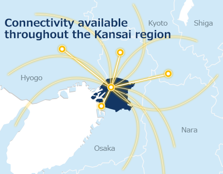 Diagram showing OPTAGE Flex Dark Fiber's fiber-optic network extending across the Kansai region, centered on Osaka.