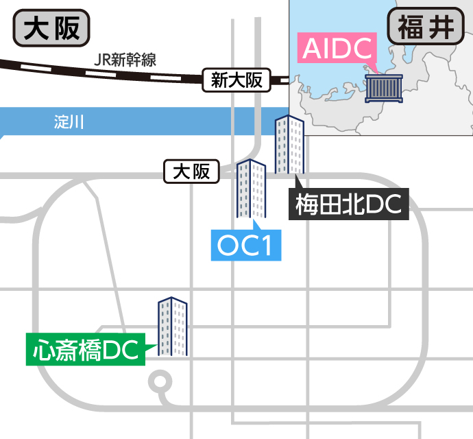 オプテージのデータセンターの簡易地図